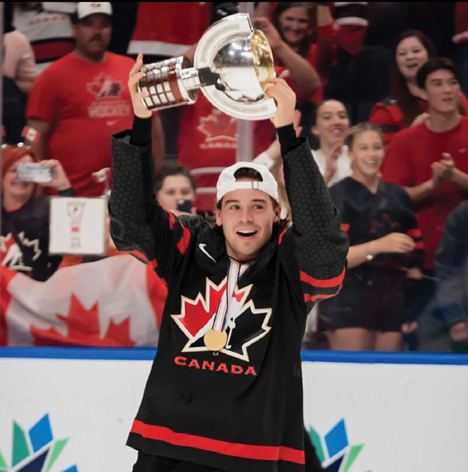 Daemon Hunt with his gold medal at the 2022 World Junior Hockey Championship. Hunt was the 65th overall pick in the 2020 NHL Entry Draft, drafted by the Minnesota Wild. He currently plays with the Iowa Wild of the AHL. He says he is working hard on his goal of playing in the NHL.